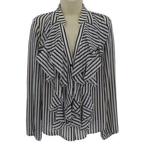 Y2K Cache Women 6 Sheer Ruffle Blue White Stripe Button Blouse Shirt Top NEW